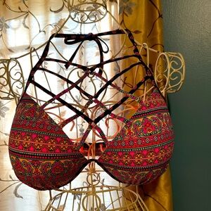 Shade & Shore Pink Geometric Print Net Halter Bikini Top 38DD